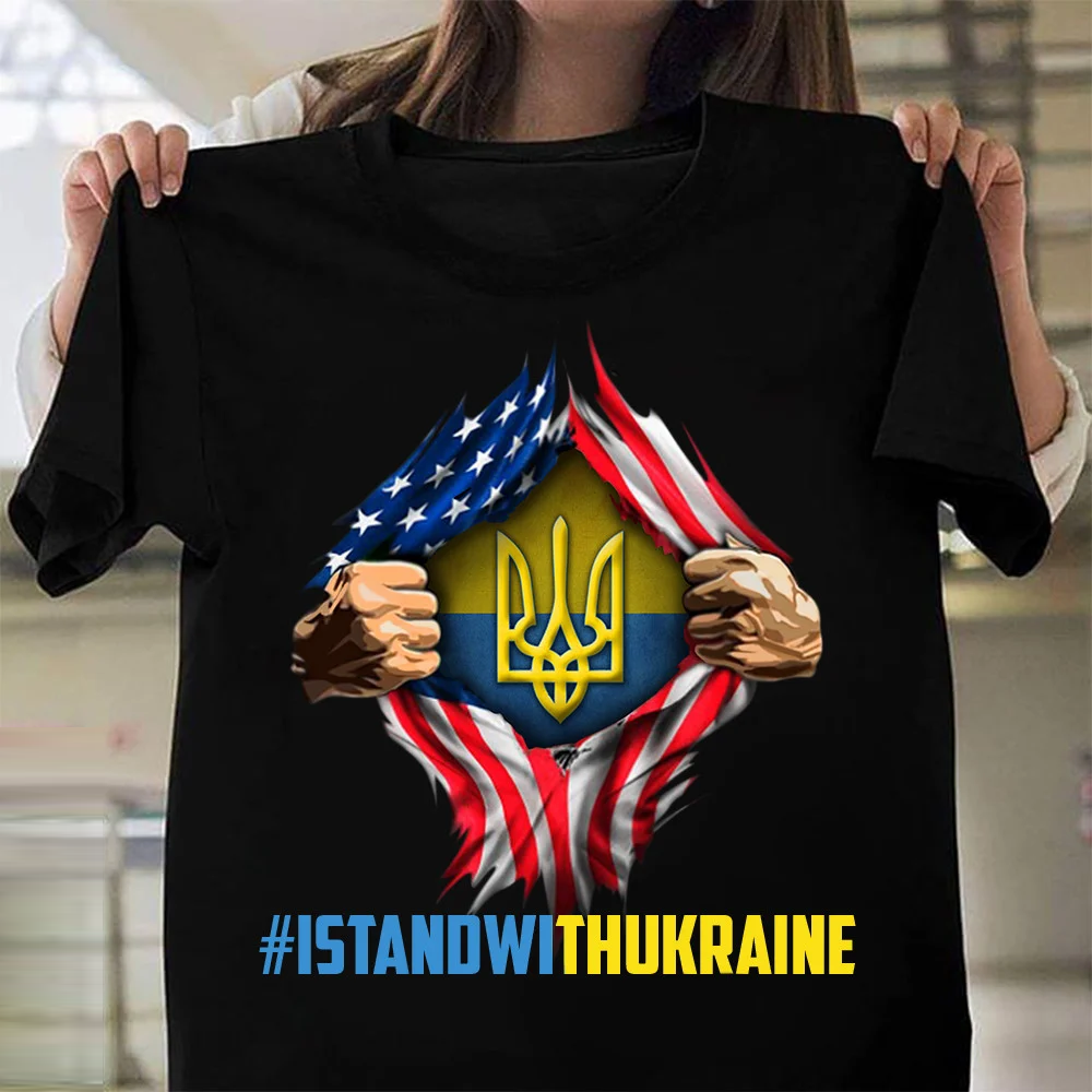 I Stand With Ukraine Shirt American Flag Inside Ukraine Trident Flag Anti Putin Tshirt